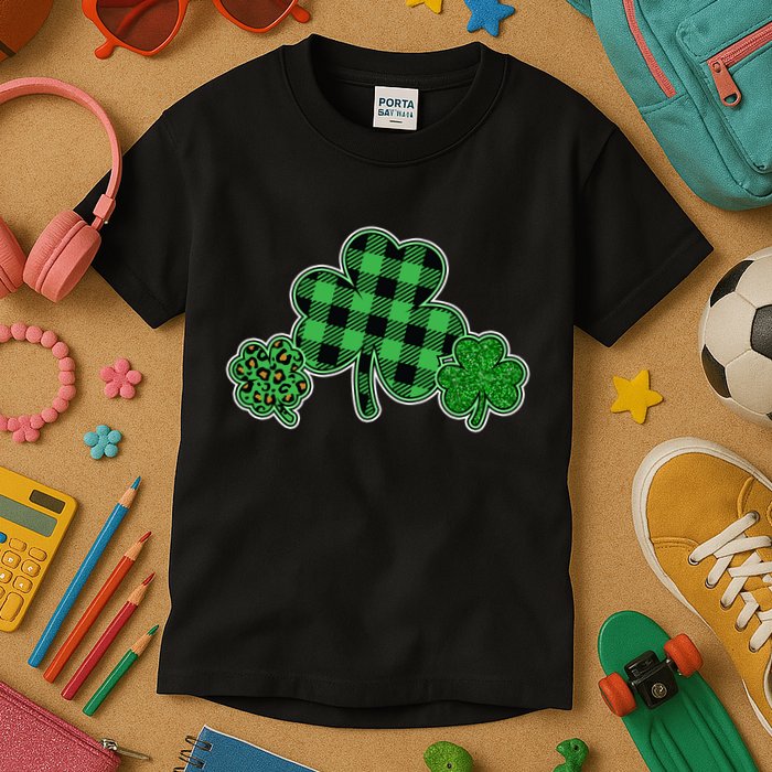 Cute St Patrick's Day Plaid Leopard Print Shamrocks Clovers Kids T-Shirt