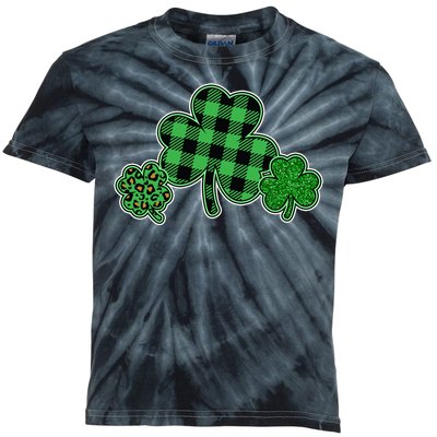 Cute St Patrick's Day Plaid Leopard Print Shamrocks Clovers Kids Tie-Dye T-Shirt