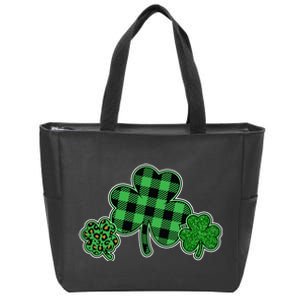 Cute St Patrick's Day Plaid Leopard Print Shamrocks Clovers Zip Tote Bag