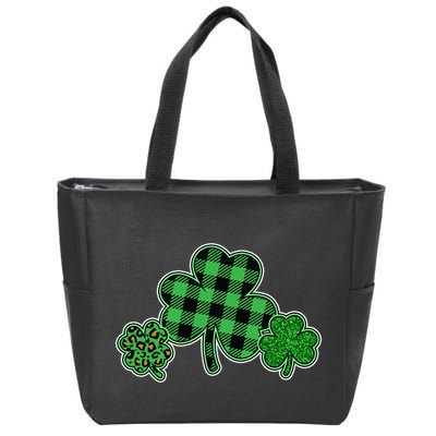 Cute St Patrick's Day Plaid Leopard Print Shamrocks Clovers Zip Tote Bag