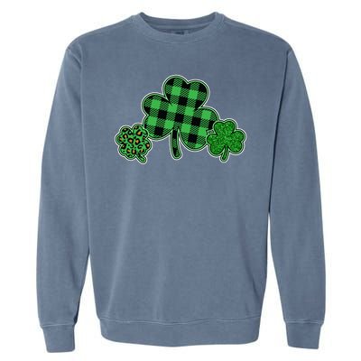 Cute St Patrick's Day Plaid Leopard Print Shamrocks Clovers Garment-Dyed Sweatshirt