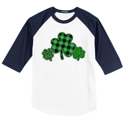 Cute St Patrick's Day Plaid Leopard Print Shamrocks Clovers Baseball Sleeve Shirt