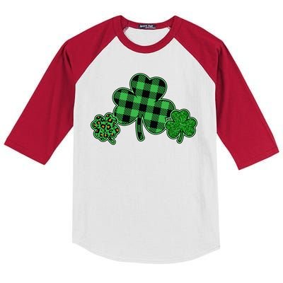 Cute St Patrick's Day Plaid Leopard Print Shamrocks Clovers Kids Colorblock Raglan Jersey