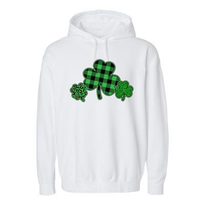 Cute St Patrick's Day Plaid Leopard Print Shamrocks Clovers Garment-Dyed Fleece Hoodie