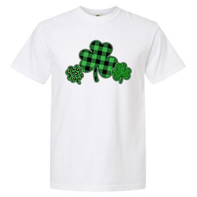 Cute St Patrick's Day Plaid Leopard Print Shamrocks Clovers Garment-Dyed Heavyweight T-Shirt