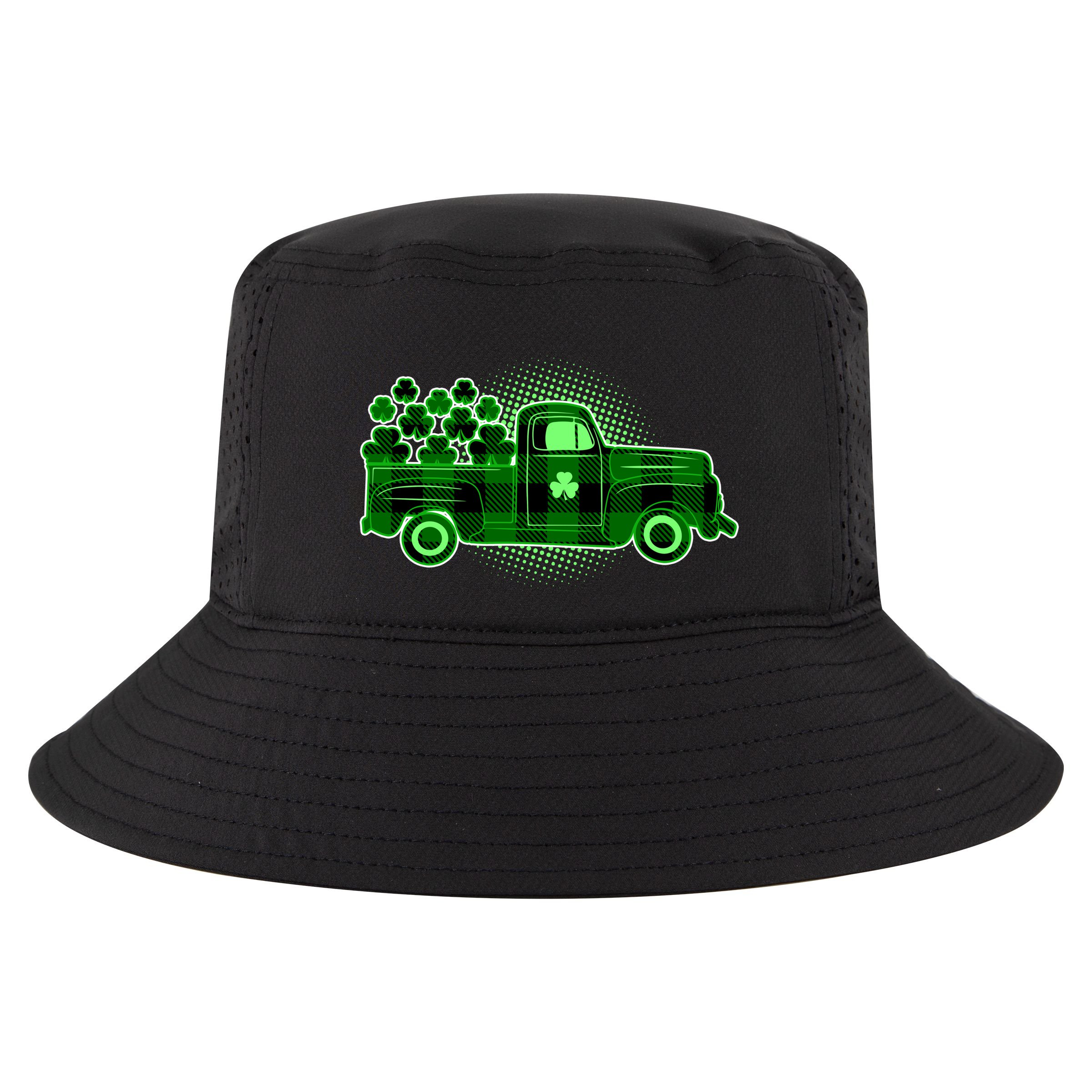 Cute St Patrick's Day Plaid Pick Up Truck Full Of Shamrocks Clovers Cool Comfort Performance Bucket Hat