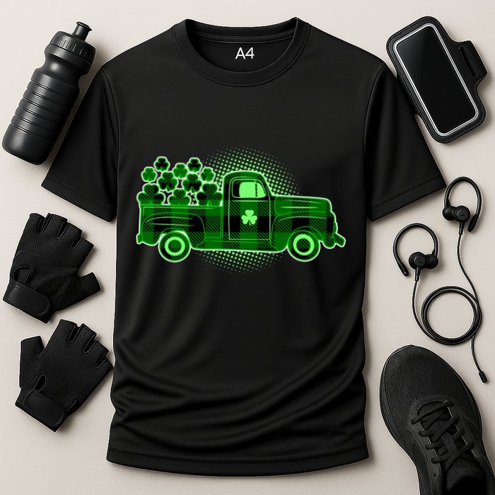 Cute St Patrick's Day Plaid Pick Up Truck Full Of Shamrocks Clovers Cooling Performance Crew T-Shirt