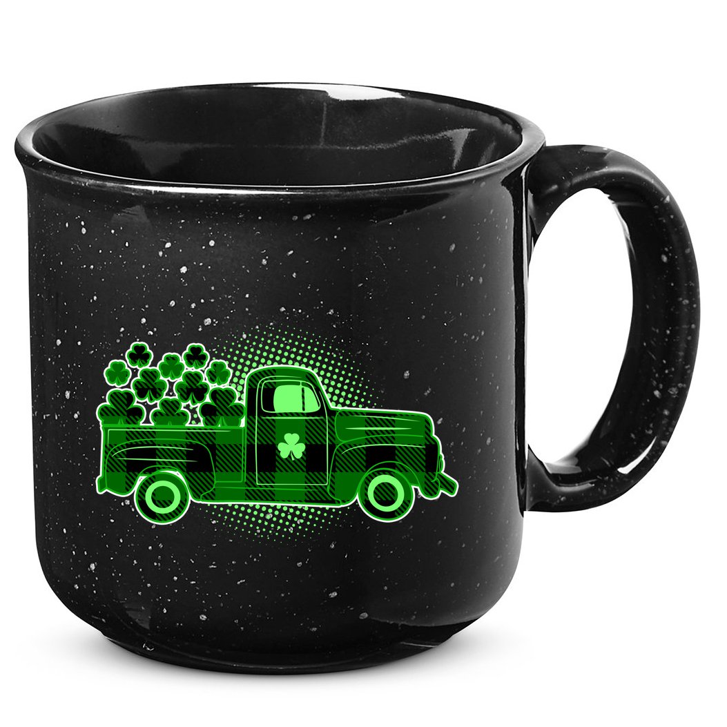 Cute St Patrick's Day Plaid Pick Up Truck Full Of Shamrocks Clovers 15oz Campfire Ceramic Mug