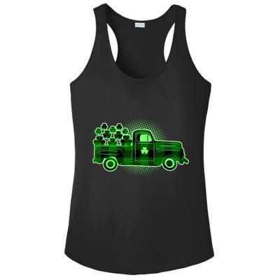 Cute St Patrick's Day Plaid Pick Up Truck Full Of Shamrocks Clovers Ladies PosiCharge Competitor Racerback Tank