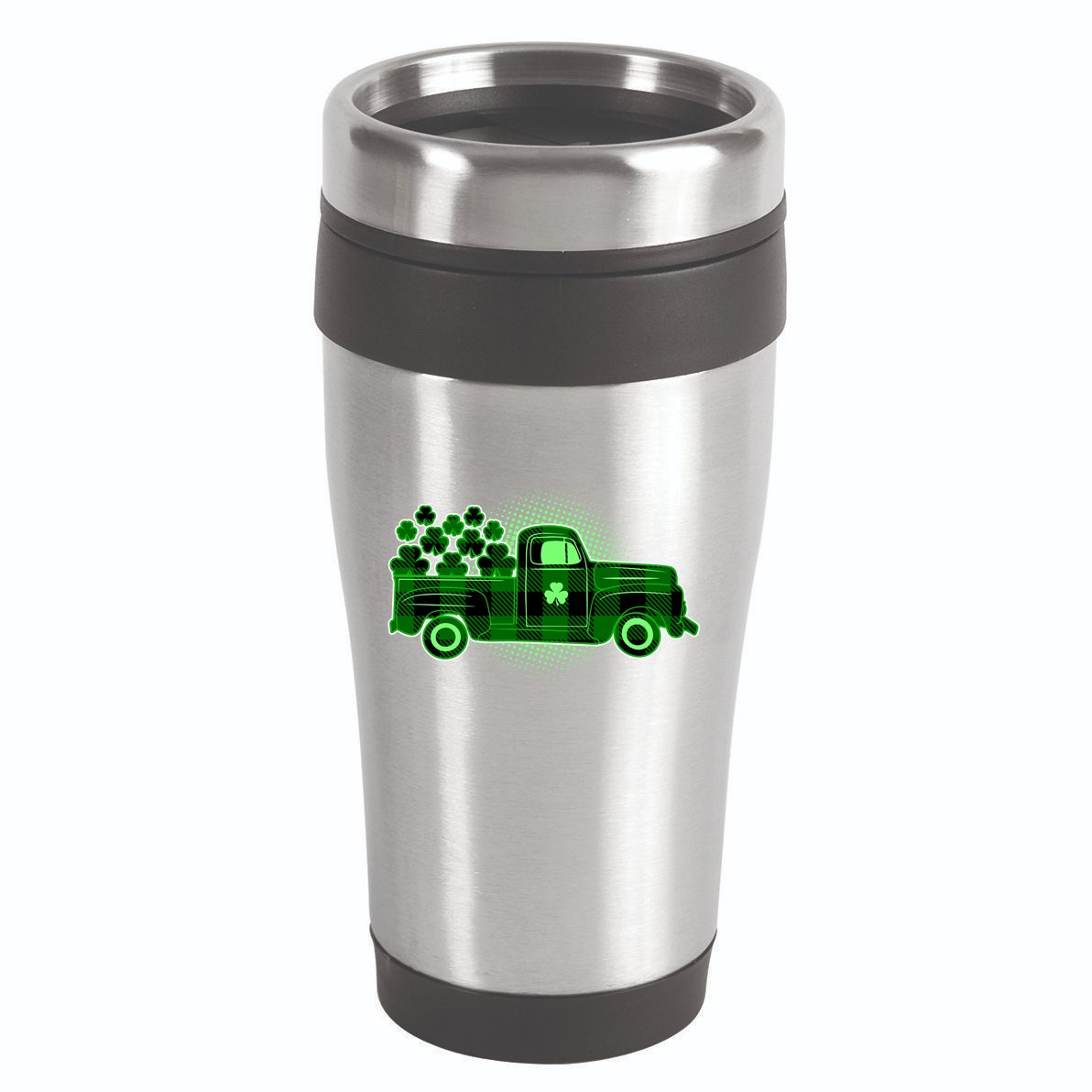 Cute St Patrick's Day Plaid Pick Up Truck Full Of Shamrocks Clovers 16oz Travel Tumbler