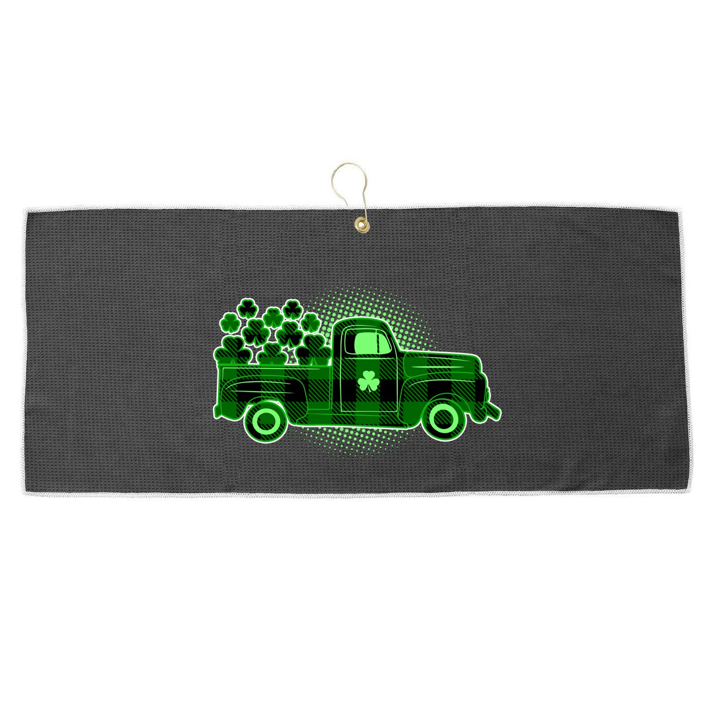 Cute St Patrick's Day Plaid Pick Up Truck Full Of Shamrocks Clovers Large Microfiber Waffle Golf Towel