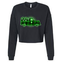Cute St Patrick's Day Plaid Pick Up Truck Full Of Shamrocks Clovers Cropped Pullover Crew