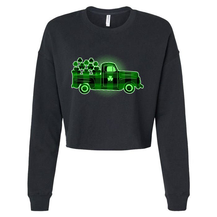 Cute St Patrick's Day Plaid Pick Up Truck Full Of Shamrocks Clovers Cropped Pullover Crew