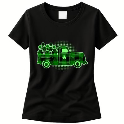 Cute St Patrick's Day Plaid Pick Up Truck Full Of Shamrocks Clovers Womens T-Shirt