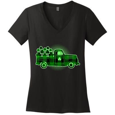 Cute St Patrick's Day Plaid Pick Up Truck Full Of Shamrocks Clovers Women's V-Neck T-Shirt