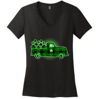 Cute St Patrick's Day Plaid Pick Up Truck Full Of Shamrocks Clovers Women's V-Neck T-Shirt