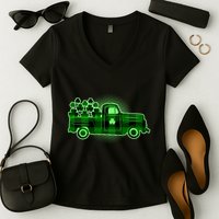 Cute St Patrick's Day Plaid Pick Up Truck Full Of Shamrocks Clovers Women's V-Neck T-Shirt