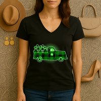 Cute St Patrick's Day Plaid Pick Up Truck Full Of Shamrocks Clovers Women's V-Neck T-Shirt