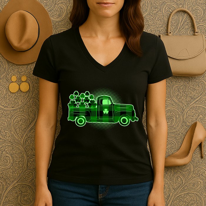 Cute St Patrick's Day Plaid Pick Up Truck Full Of Shamrocks Clovers Women's V-Neck T-Shirt