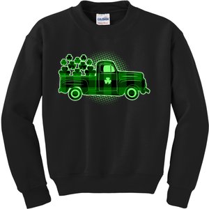 Cute St Patrick's Day Plaid Pick Up Truck Full Of Shamrocks Clovers Kids Sweatshirt