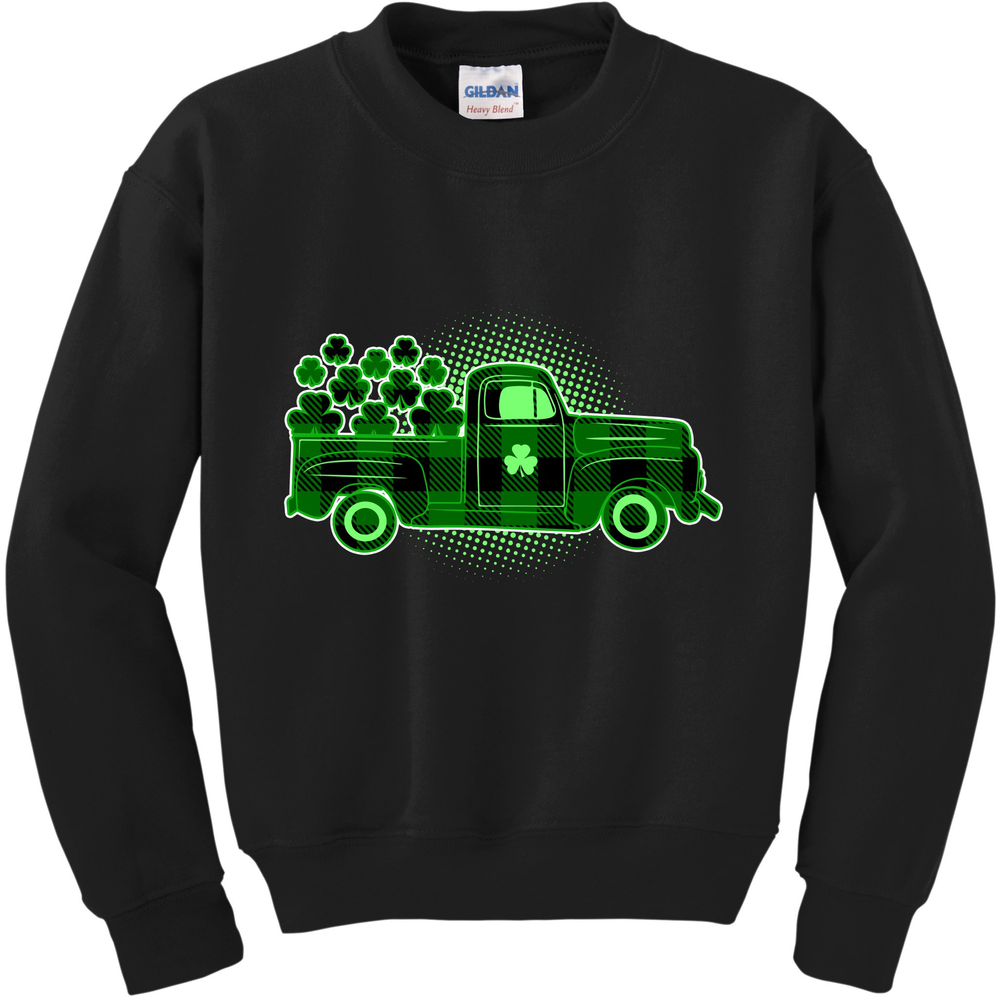 Cute St Patrick's Day Plaid Pick Up Truck Full Of Shamrocks Clovers Kids Sweatshirt