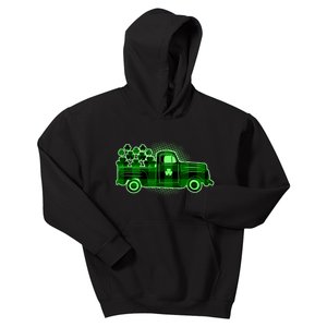 Cute St Patrick's Day Plaid Pick Up Truck Full Of Shamrocks Clovers Kids Hoodie