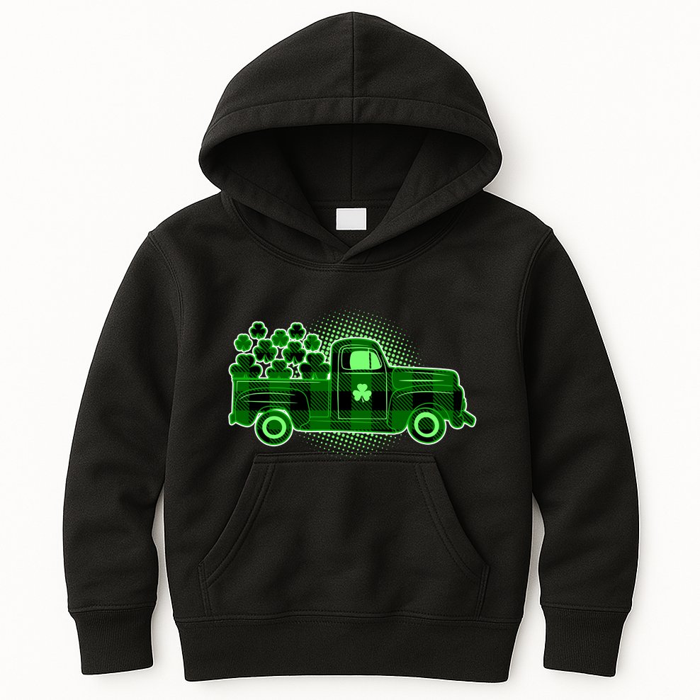 Cute St Patrick's Day Plaid Pick Up Truck Full Of Shamrocks Clovers Kids Hoodie