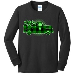 Cute St Patrick's Day Plaid Pick Up Truck Full Of Shamrocks Clovers Kids Long Sleeve Shirt