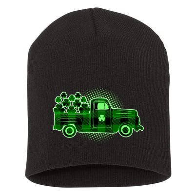 Cute St Patrick's Day Plaid Pick Up Truck Full Of Shamrocks Clovers Short Acrylic Beanie