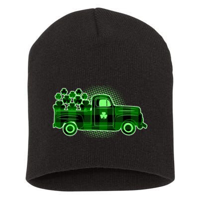 Cute St Patrick's Day Plaid Pick Up Truck Full Of Shamrocks Clovers Short Acrylic Beanie