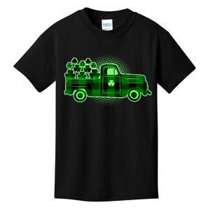 Cute St Patrick's Day Plaid Pick Up Truck Full Of Shamrocks Clovers Kids T-Shirt