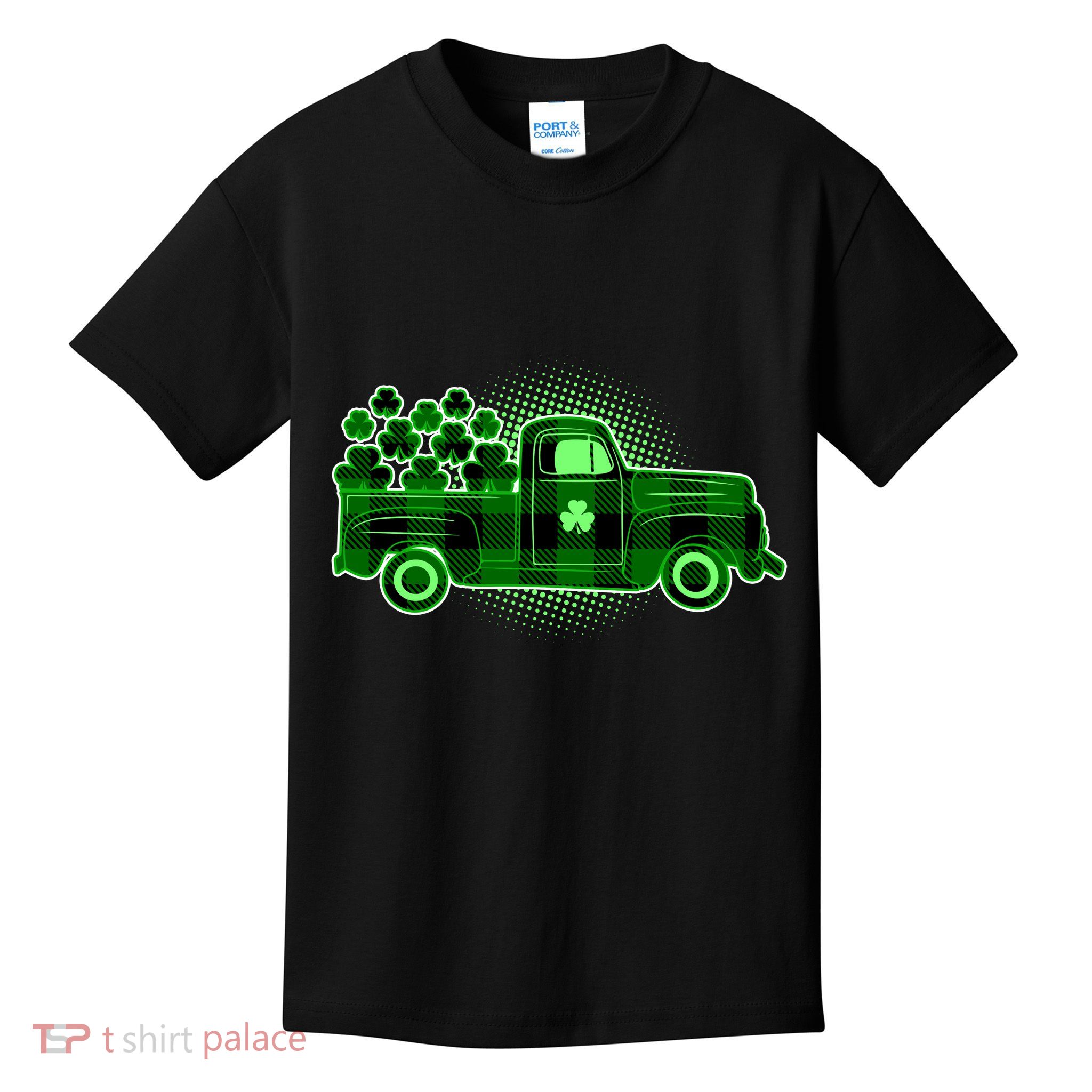 Cute St Patrick's Day Plaid Pick Up Truck Full Of Shamrocks Clovers Kids T-Shirt
