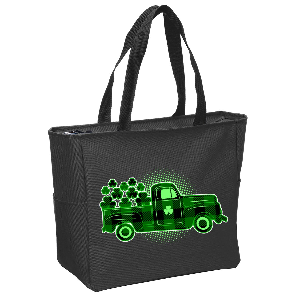 Cute St Patrick's Day Plaid Pick Up Truck Full Of Shamrocks Clovers Zip Tote Bag
