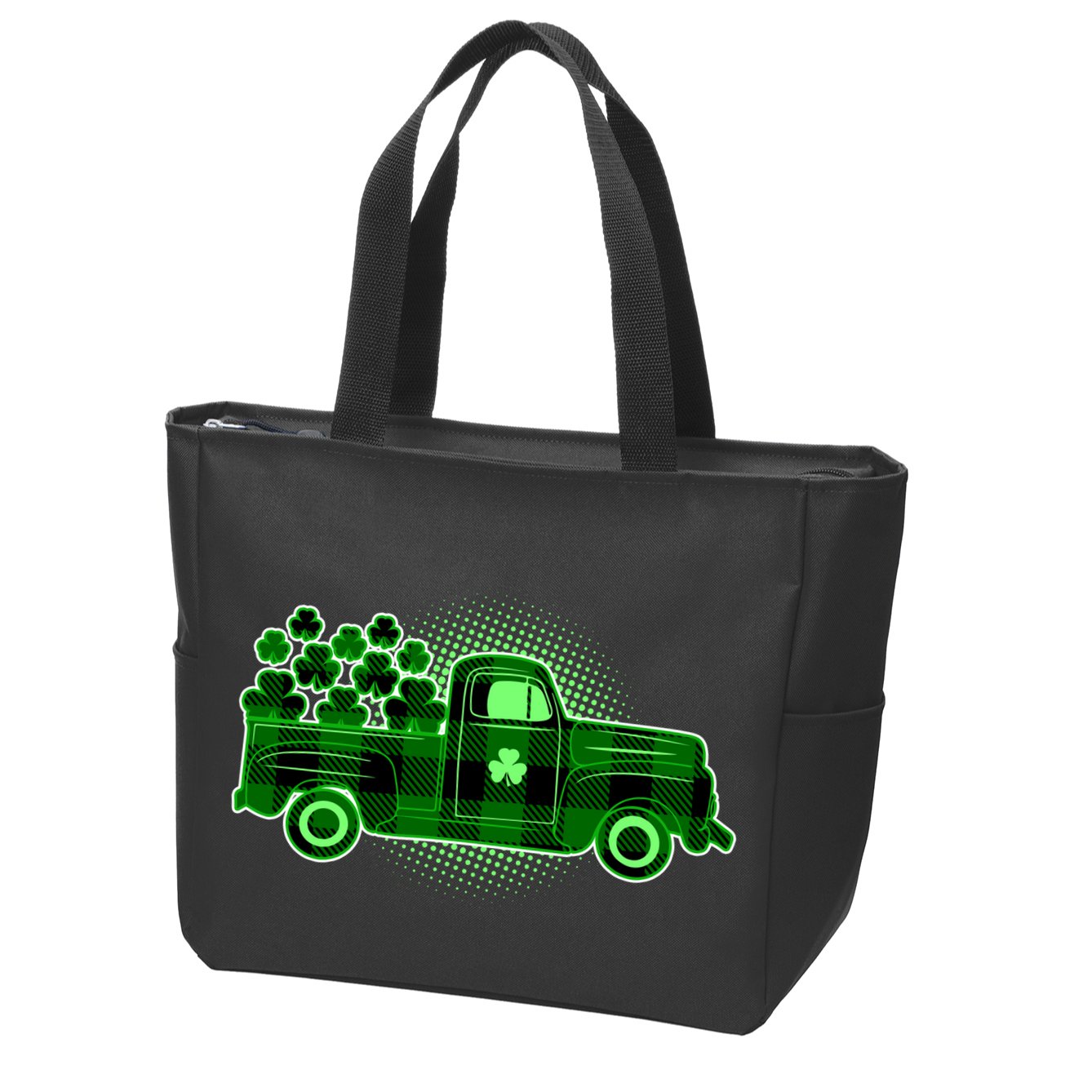 Cute St Patrick's Day Plaid Pick Up Truck Full Of Shamrocks Clovers Zip Tote Bag