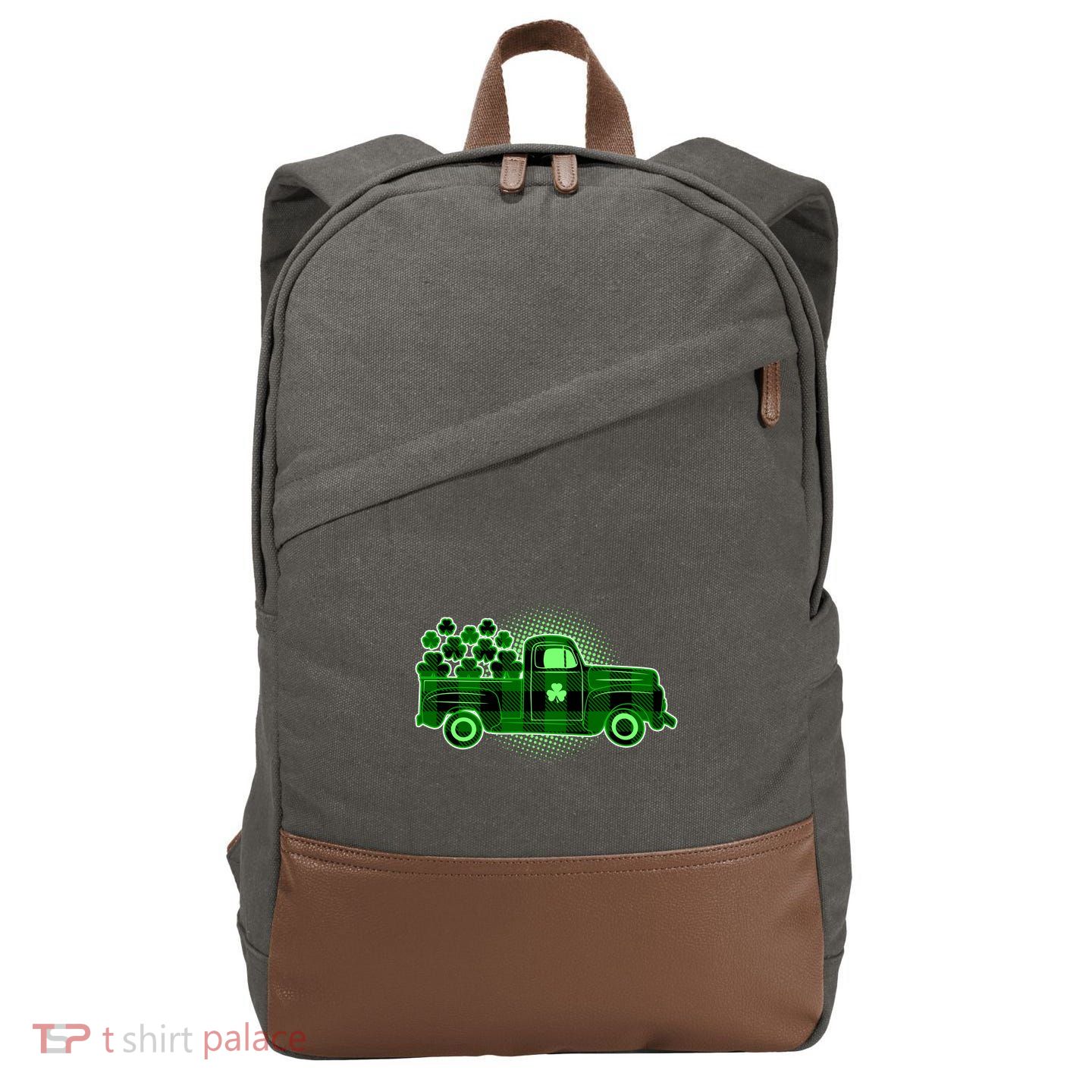 Cute St Patrick's Day Plaid Pick Up Truck Full Of Shamrocks Clovers Cotton Canvas Backpack