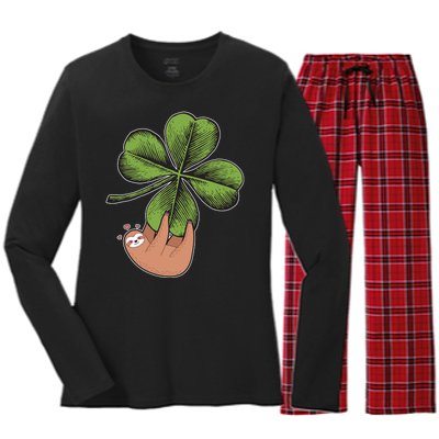 Cute St Patrick's Day Shamrock Sloth Women's Long Sleeve Flannel Pajama Set 