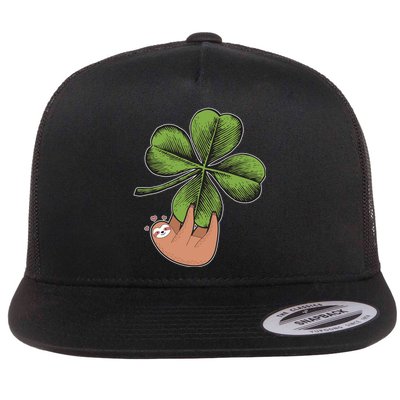 Cute St Patrick's Day Shamrock Sloth Flat Bill Trucker Hat