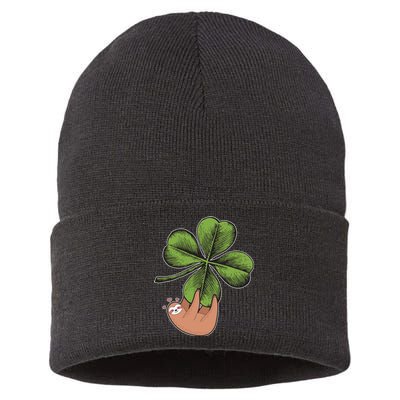 Cute St Patrick's Day Shamrock Sloth Sustainable Knit Beanie