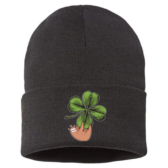 Cute St Patrick's Day Shamrock Sloth Sustainable Knit Beanie