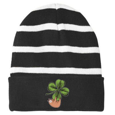 Cute St Patrick's Day Shamrock Sloth Striped Beanie with Solid Band