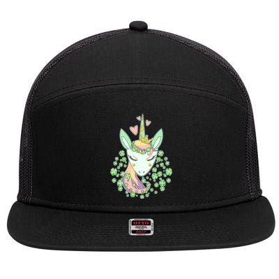 Cute St Patrick's Day Unicorn Shamrocks Clovers 7 Panel Mesh Trucker Snapback Hat