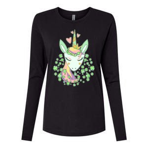 Cute St Patrick's Day Unicorn Shamrocks Clovers Womens Cotton Relaxed Long Sleeve T-Shirt