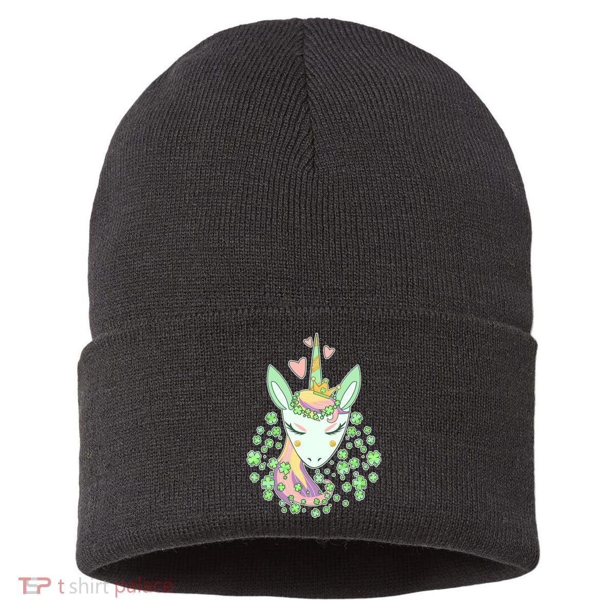Cute St Patrick's Day Unicorn Shamrocks Clovers Sustainable Knit Beanie