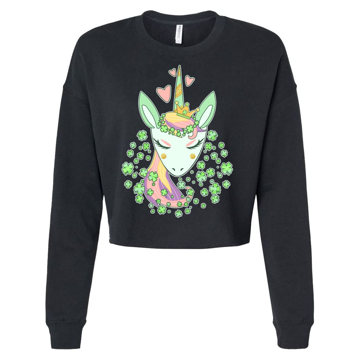 Cute St Patrick's Day Unicorn Shamrocks Clovers Cropped Pullover Crew