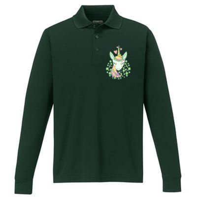 Cute St Patrick's Day Unicorn Shamrocks Clovers Performance Long Sleeve Polo