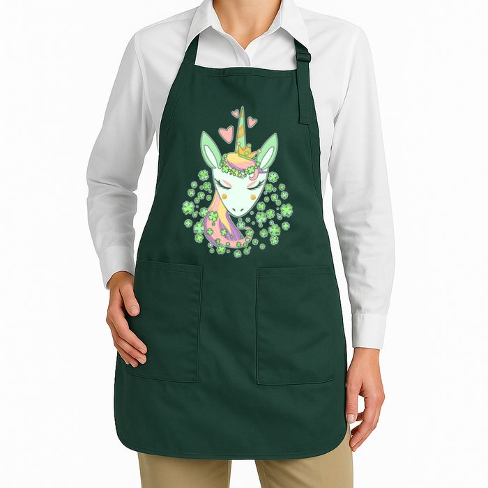 Cute St Patrick's Day Unicorn Shamrocks Clovers Full-Length Apron With Pockets