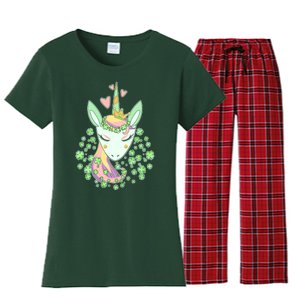 Cute St Patrick's Day Unicorn Shamrocks Clovers Women's Flannel Pajama Set