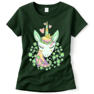 Cute St Patrick's Day Unicorn Shamrocks Clovers Womens T-Shirt