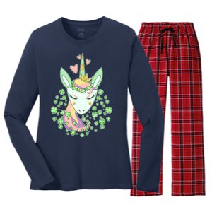 Cute St Patrick's Day Unicorn Shamrocks Clovers Women's Long Sleeve Flannel Pajama Set 