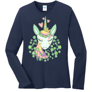 Cute St Patrick's Day Unicorn Shamrocks Clovers Ladies Long Sleeve Shirt